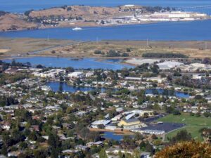 Corte Madera lagoons in the background, with bay marshland at the top